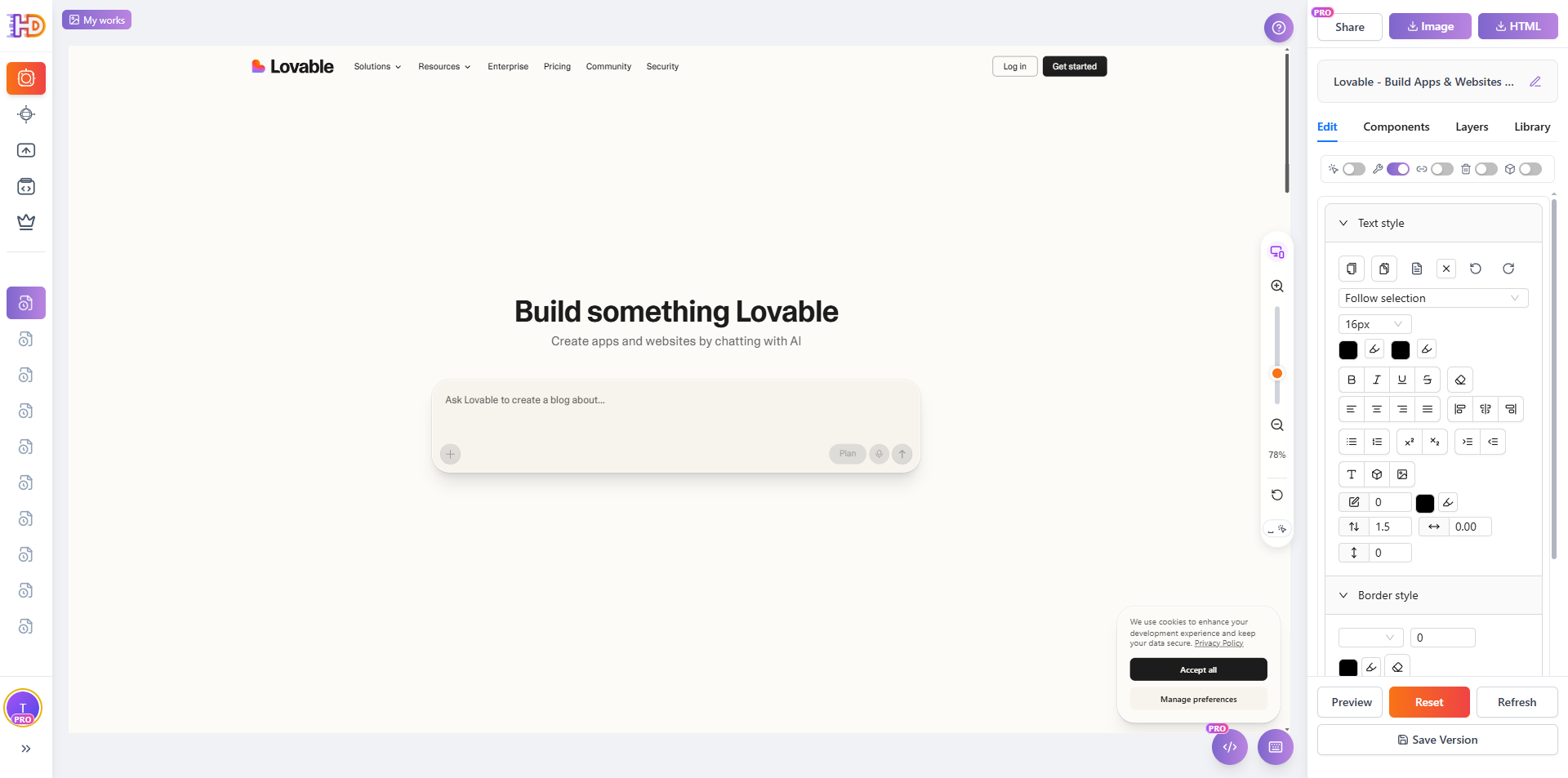 lovable.dev im visuellen Editor geladen