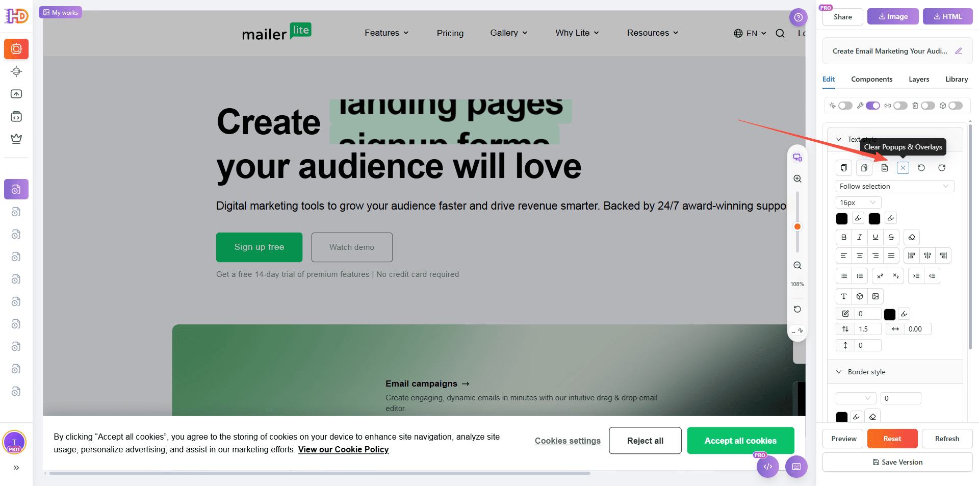 Импортированная страница MailerLite частично перекрыта всплывающим окном до очистки