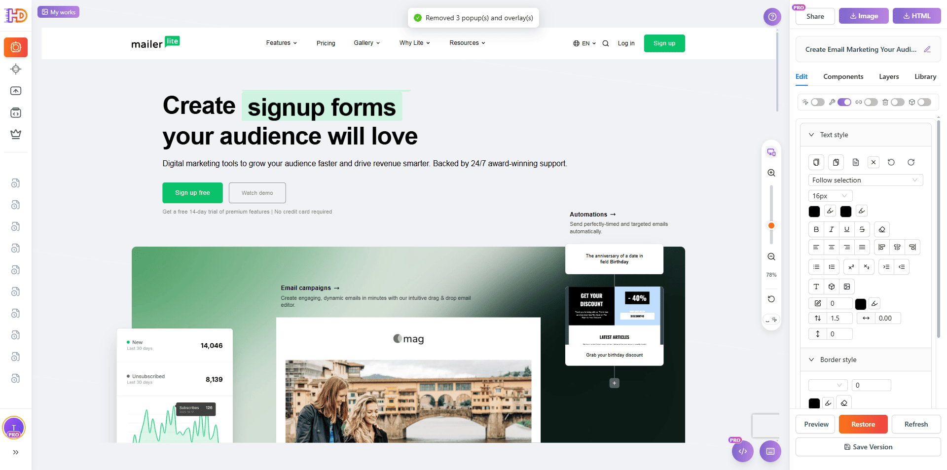 После удаления всплывающих окон и перекрывающих слоев страница MailerLite становится чистым полотном для редактирования