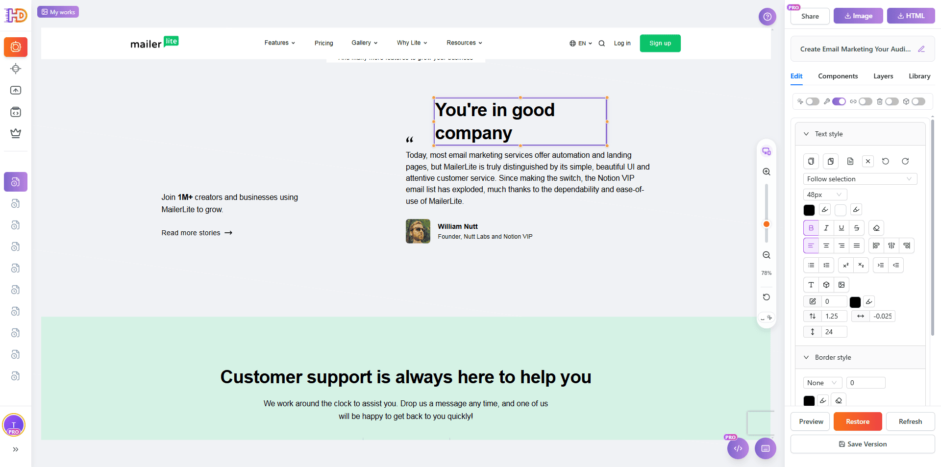 Редактирование нижнего текстового блока, чтобы секция лучше отражала историю собственного продукта