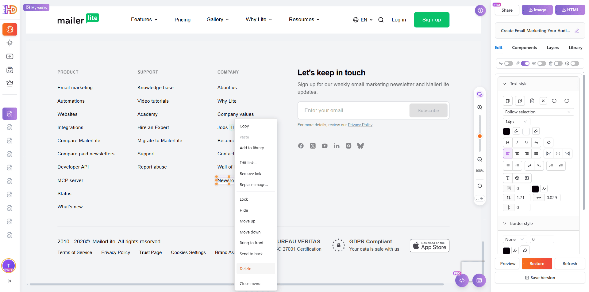 Открытие меню удаления для ненужного элемента в footer импортированной страницы
