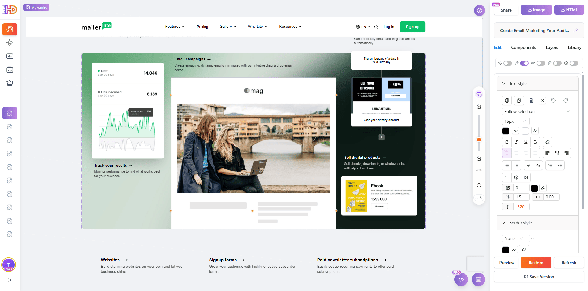 Выбор центрального демонстрационного изображения MailerLite перед заменой
