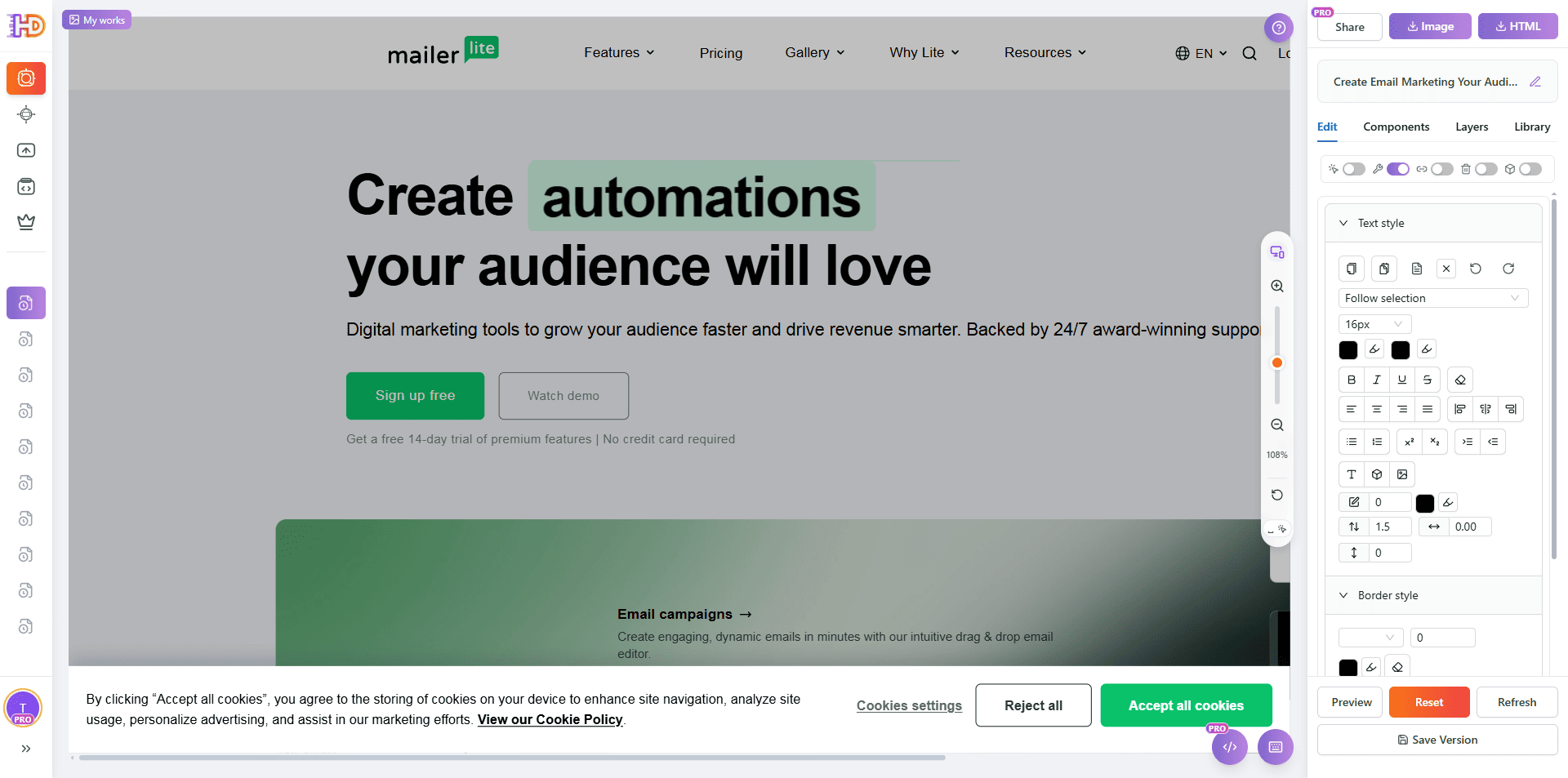 Страница MailerLite загружена в HtmlDrag как редактируемый визуальный холст