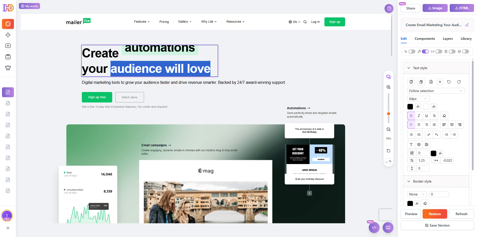 Выбор и переписывание Hero-заголовка MailerLite внутри HtmlDrag