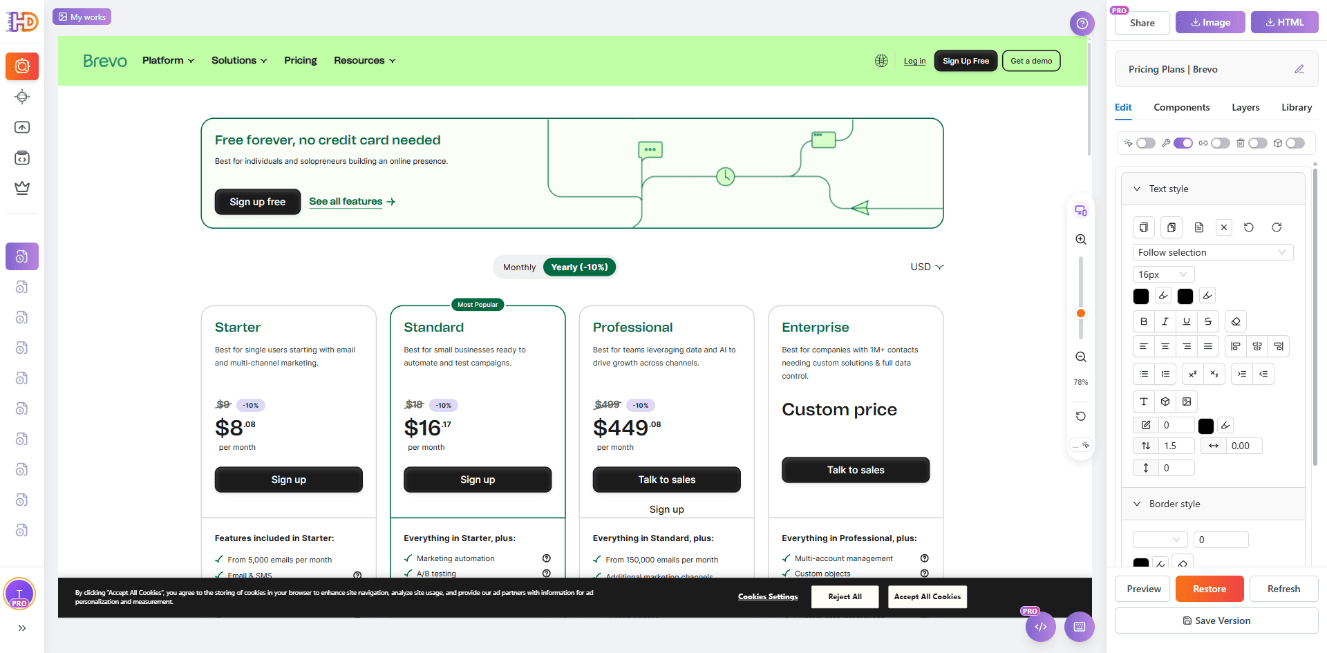 Entrar al editor de HtmlDrag después de importar la página de precios de Brevo