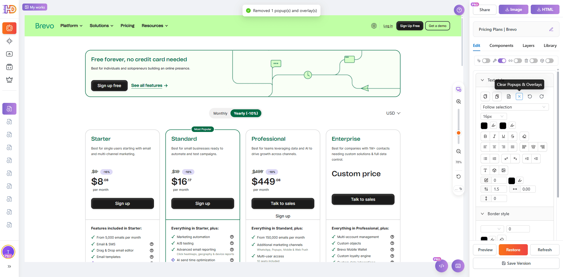 Usa la función de limpieza para eliminar el popup y restaurar un lienzo de edición limpio