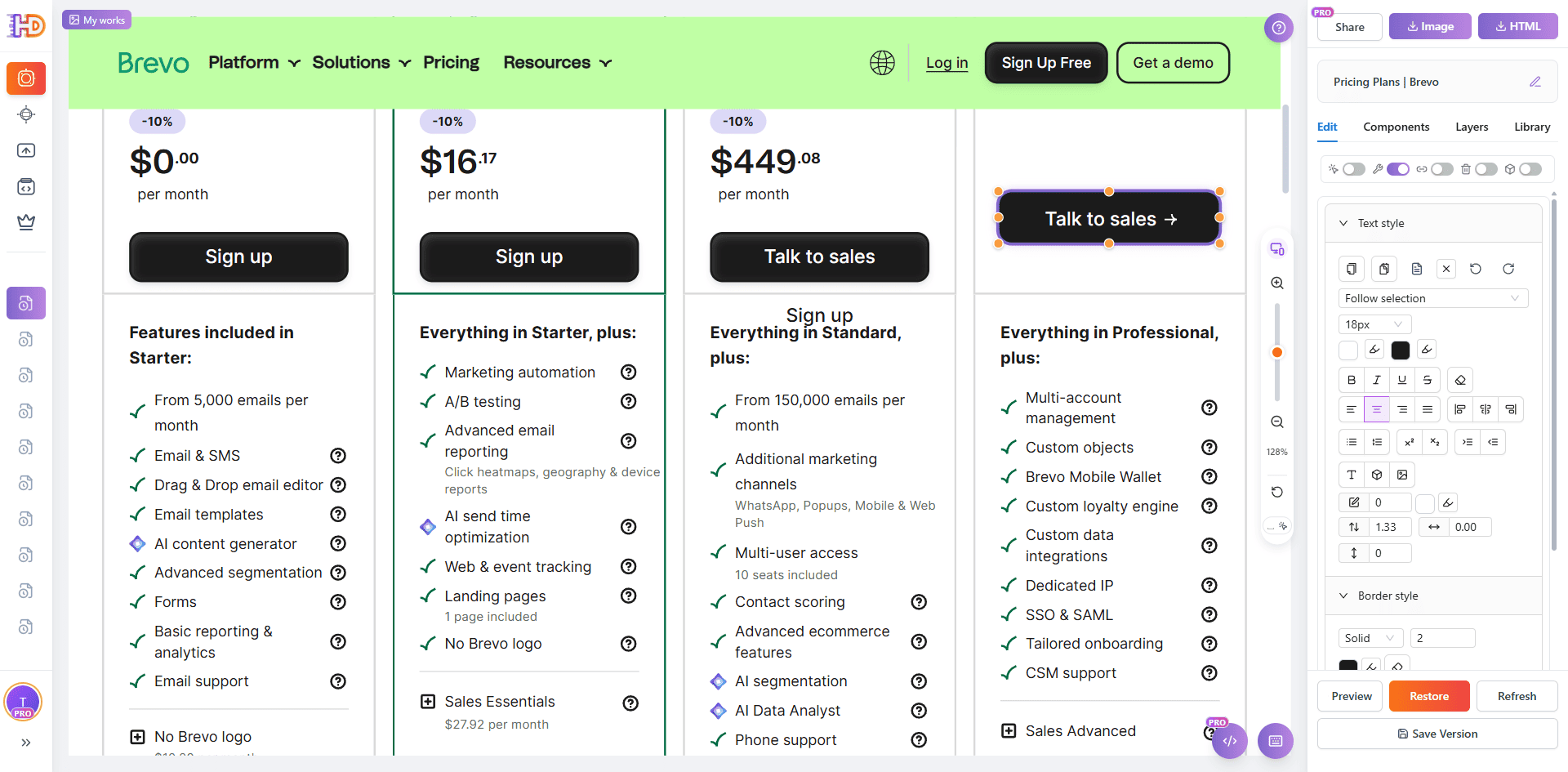Selecciona el botón de la página de precios antes de cambiar su color