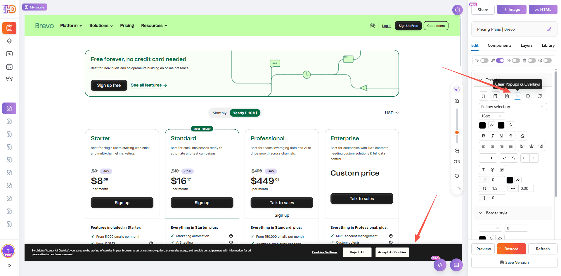 La página de precios de Brevo importada está parcialmente bloqueada por un popup o una superposición