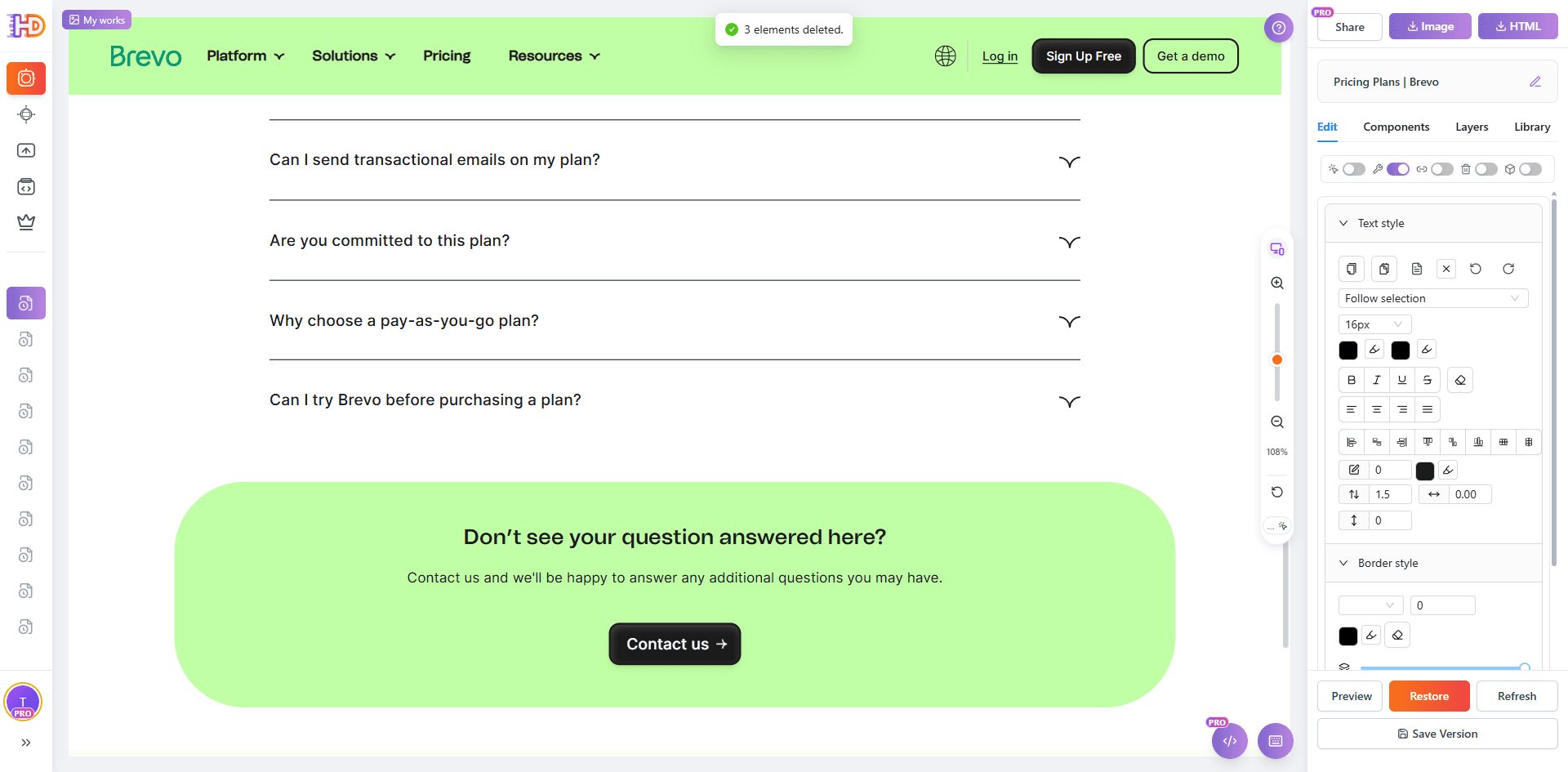 Después de eliminar los bloques extra debajo del FAQ, la página se siente más enfocada