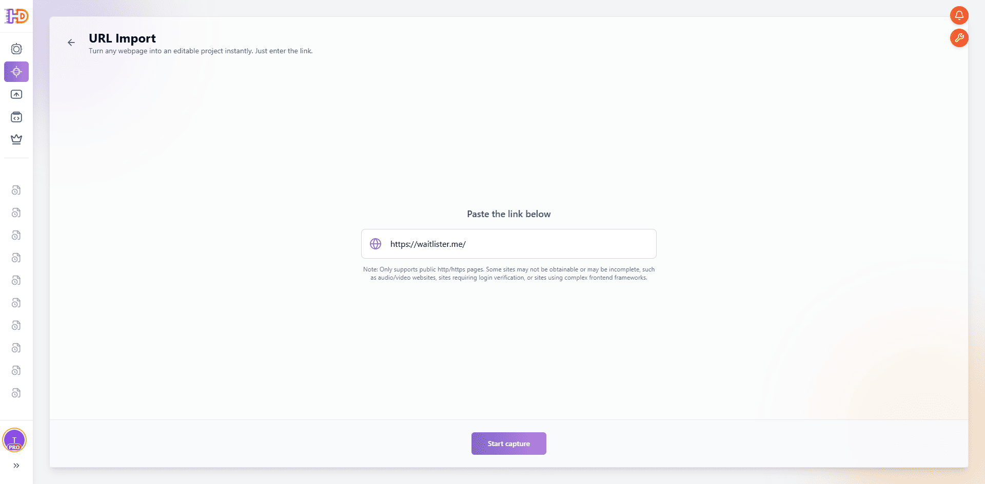 Paste the Waitlister homepage URL into HtmlDrag URL Import