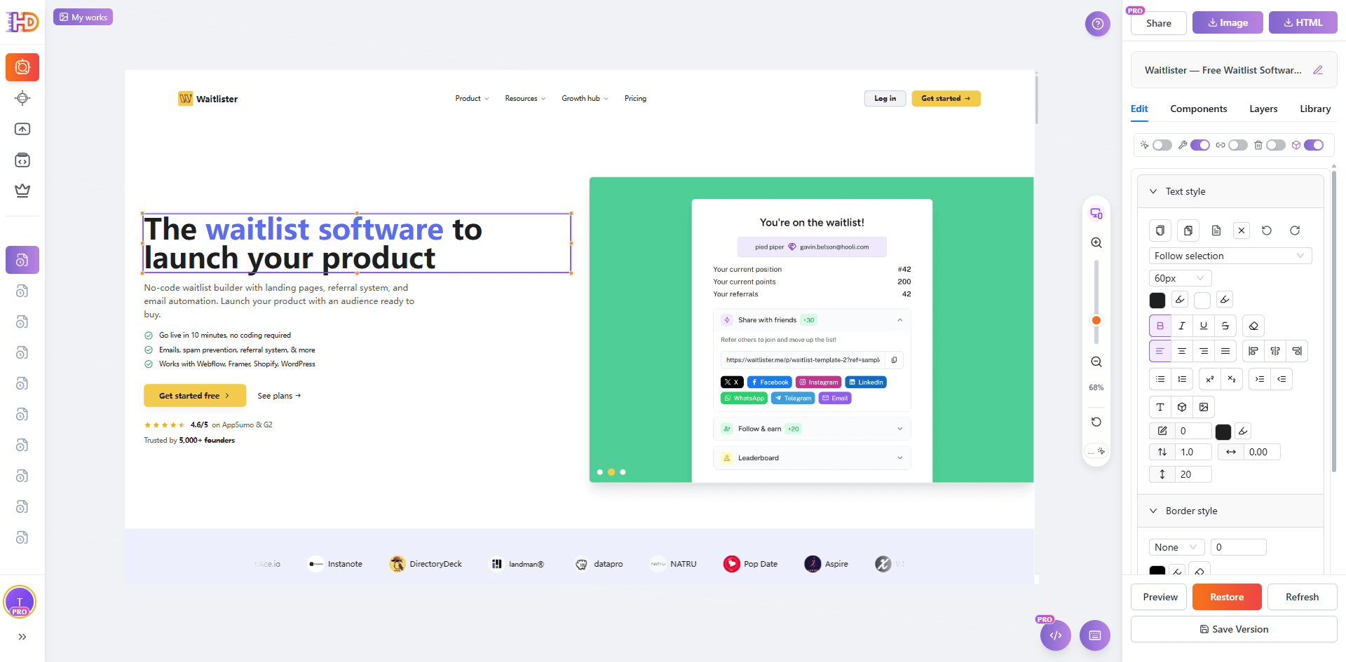 Edit the headline text directly inside the imported waitlist page