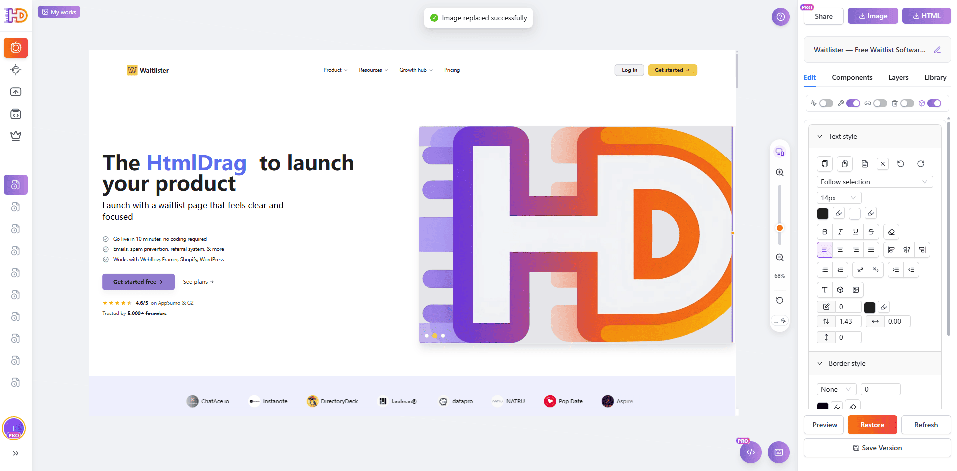 Use the Replace image action to swap the default visual on the waitlist page