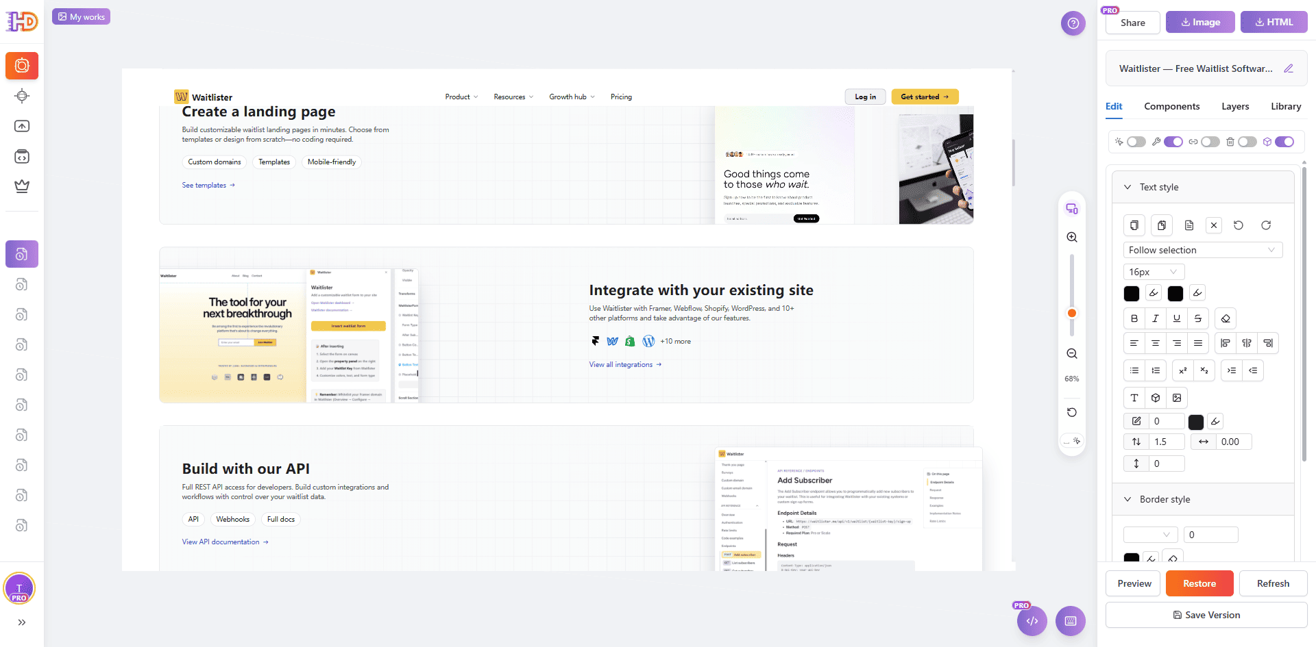 Drag an image or text element to refine the layout of the waitlist page
