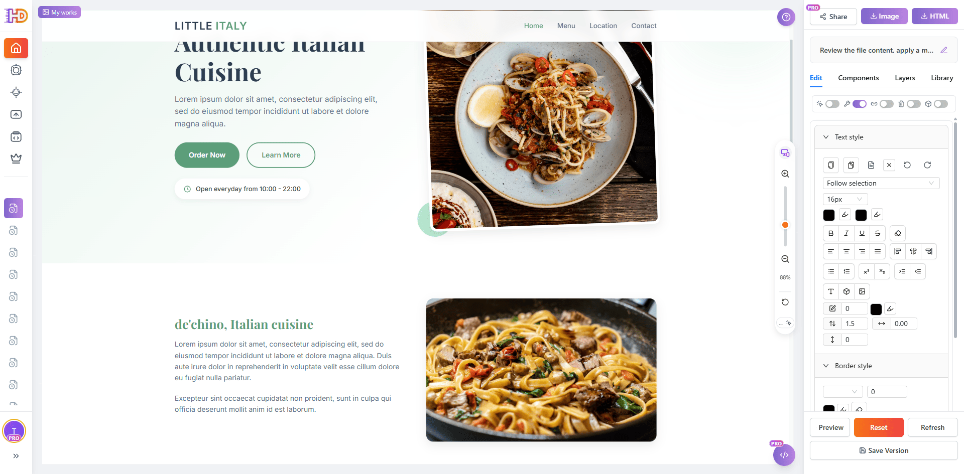 Landing page générée ouverte dans l’éditeur avec panneau latéral pour style du texte, bordures, composants, calques et bibliothèque
