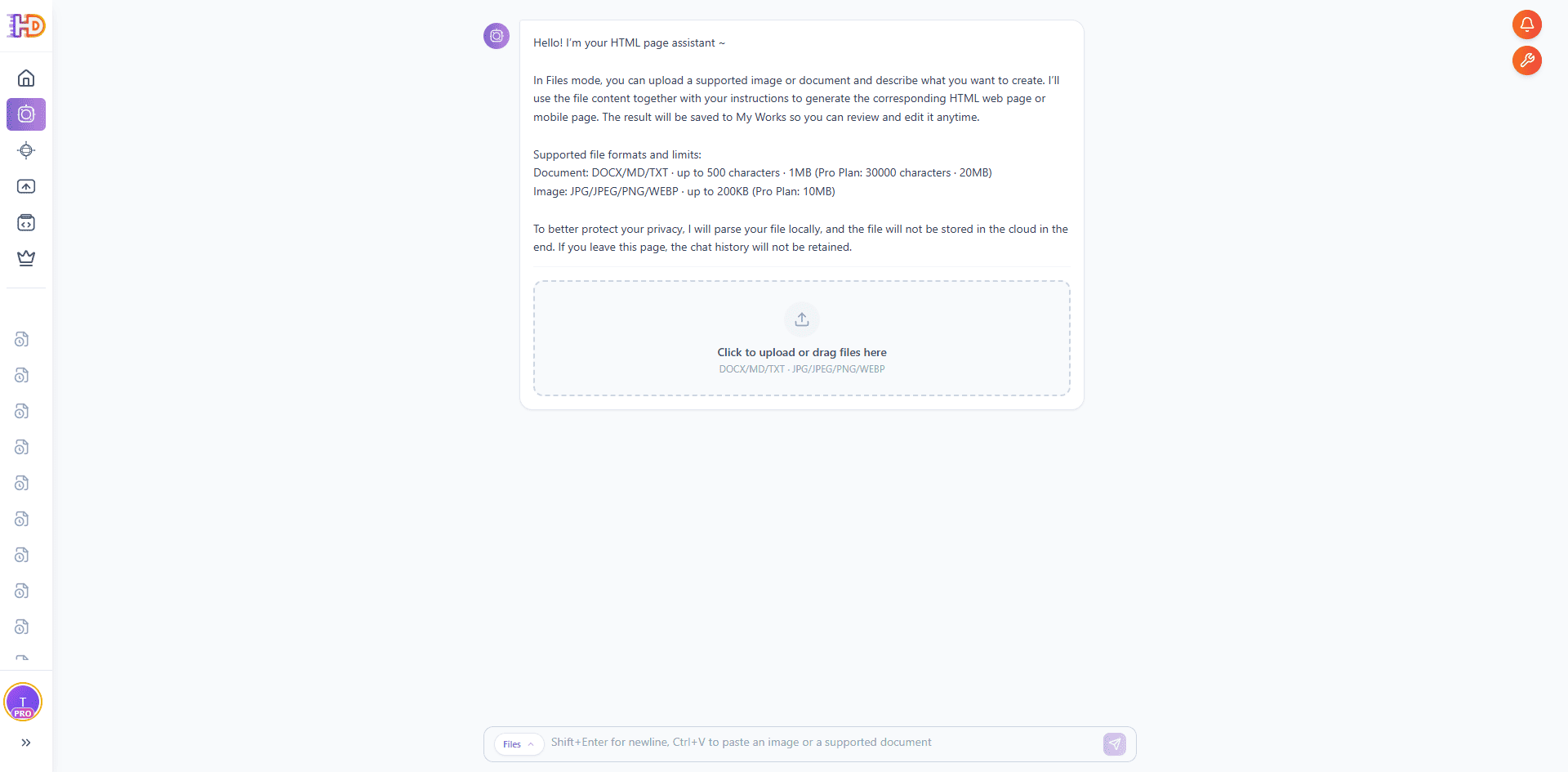 Vue d’accueil du mode fichier de HtmlDrag Générateur IA avec formats pris en charge et zone d’import
