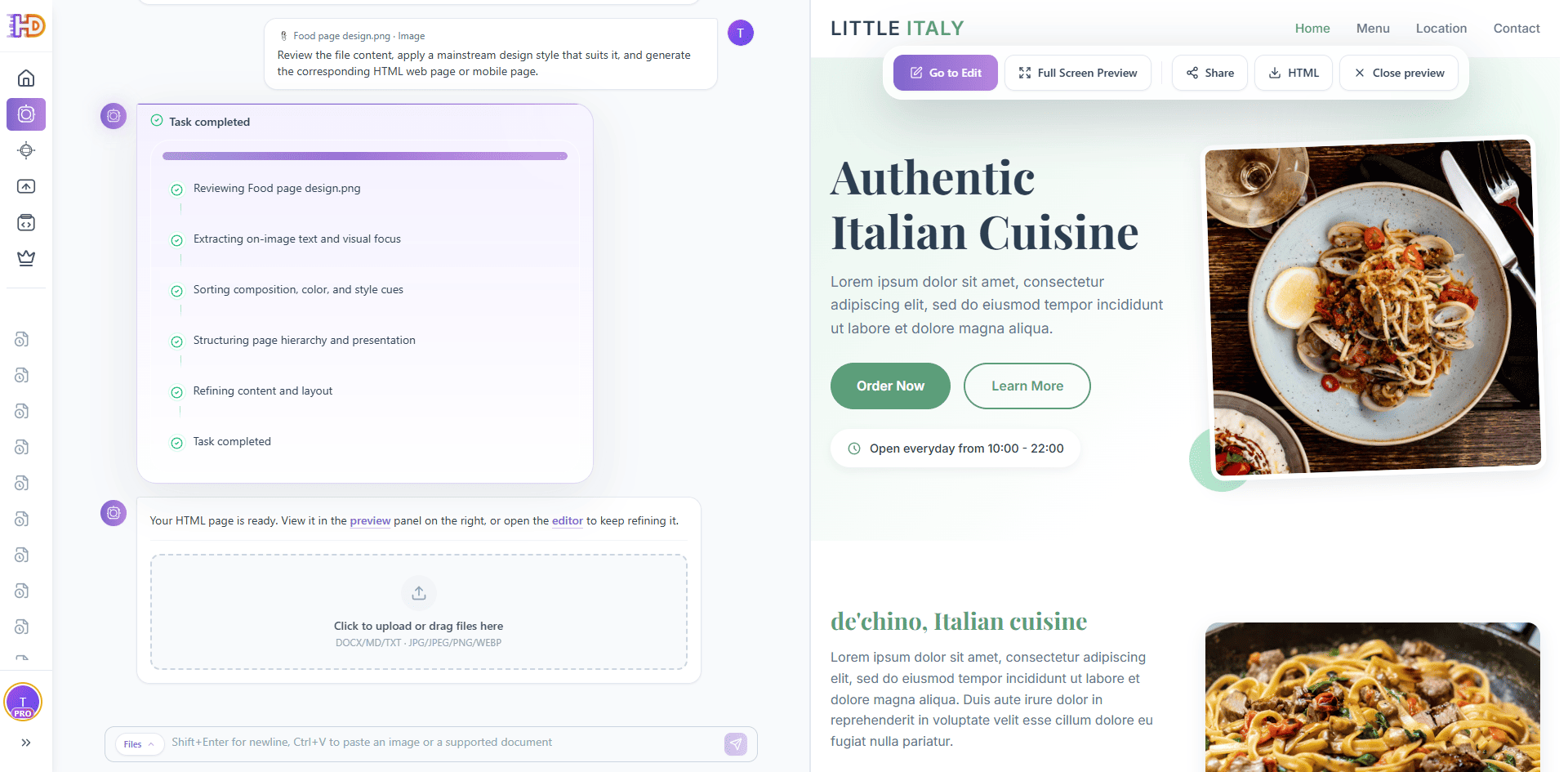 Tâche terminée en mode fichier avec aperçu de la landing page Little Italy à droite et options Go to Edit, Full Screen Preview, Share ou téléchargement HTML