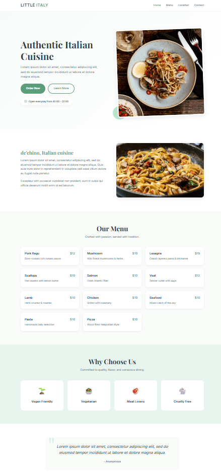 Prévisualisation complète de la landing page Little Italy générée avec hero, bloc secondaire, Our Menu, Why Choose Us et section d’avis clients