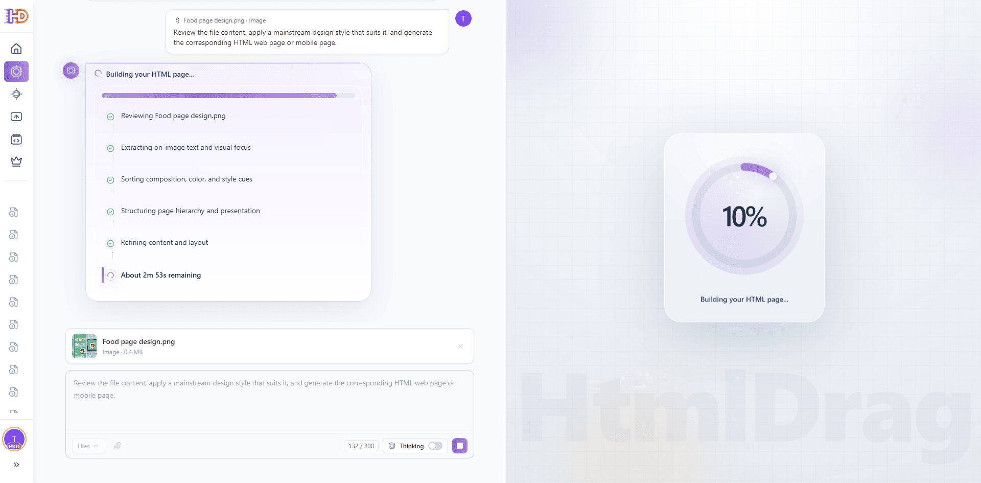 Mode fichier construisant la page HTML avec un indicateur circulaire à 10 pour cent et un temps restant estimé