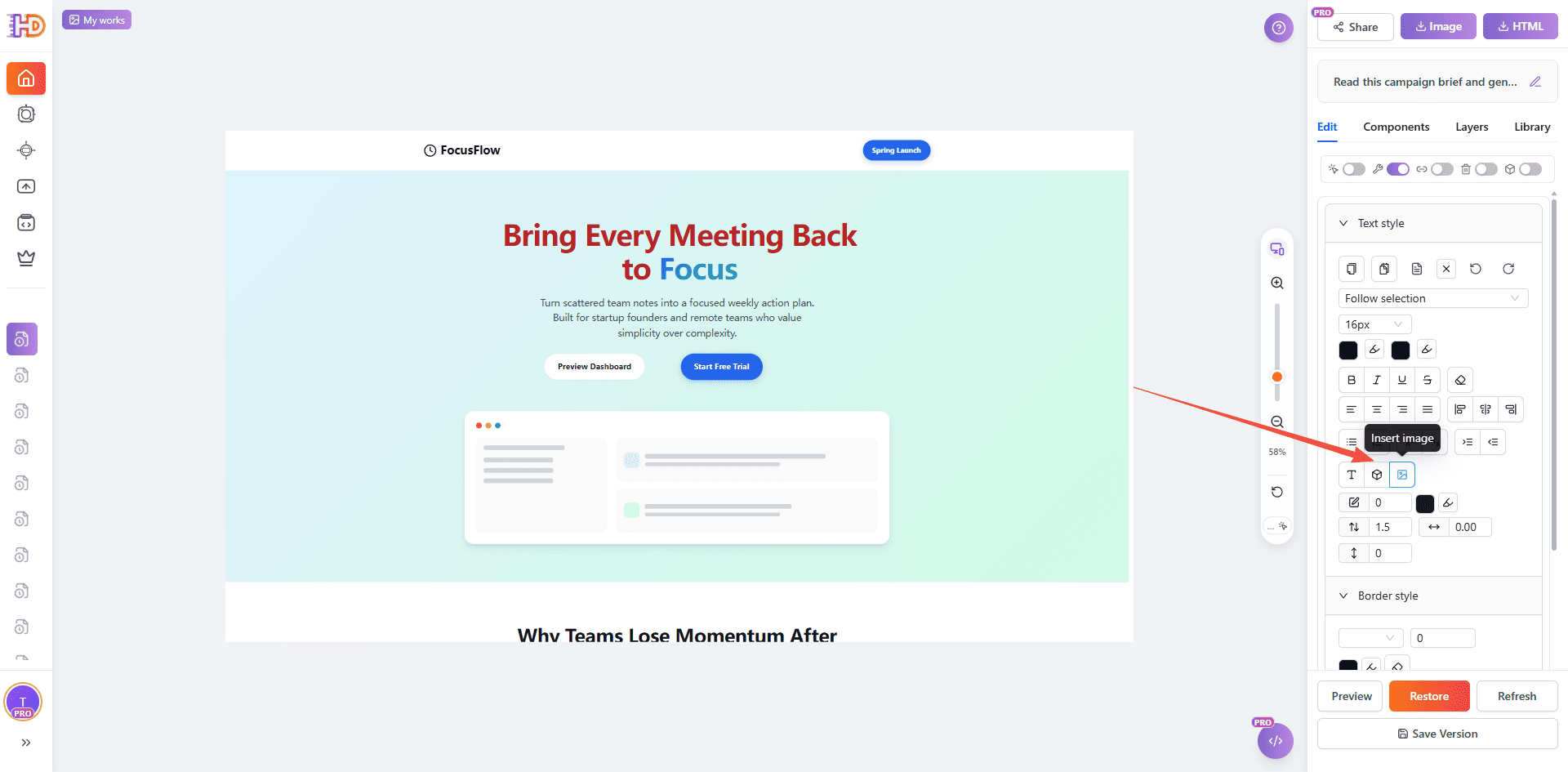 Éditeur HtmlDrag montrant le contrôle d’insertion d’image pour ajouter ou remplacer un bloc visuel sur la landing page générée