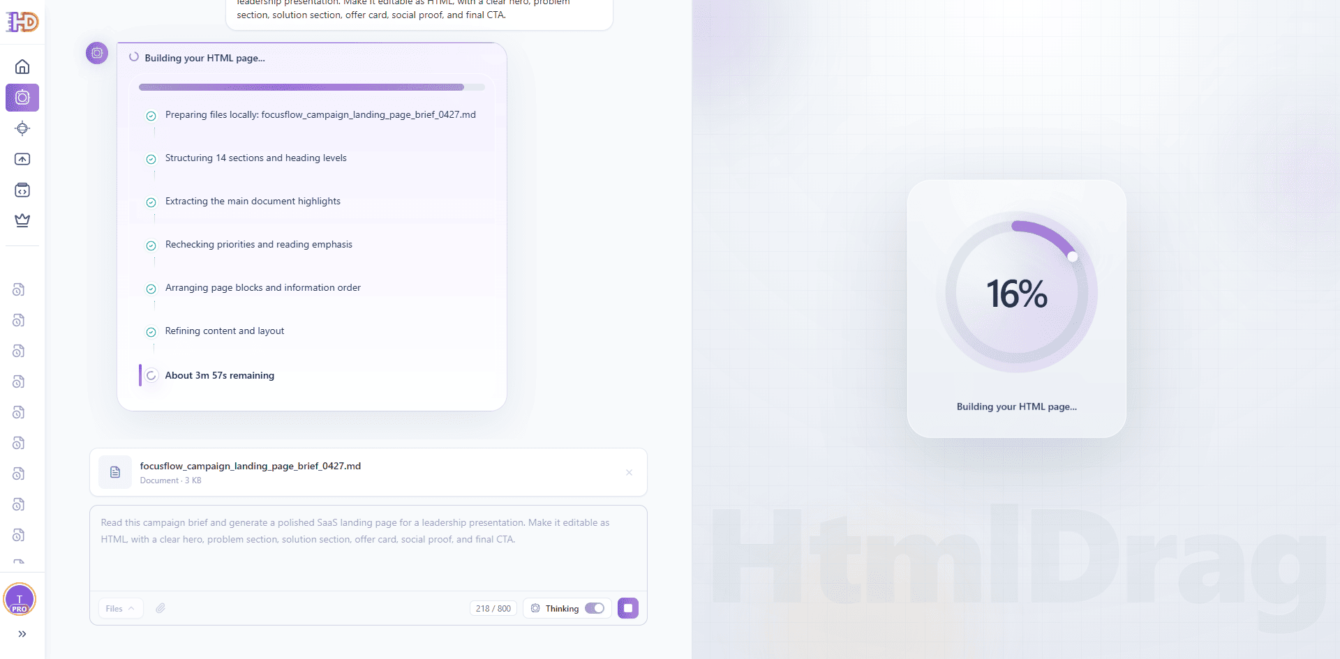 Générateur IA construit la page HTML avec indicateur de progression et temps restant estimé