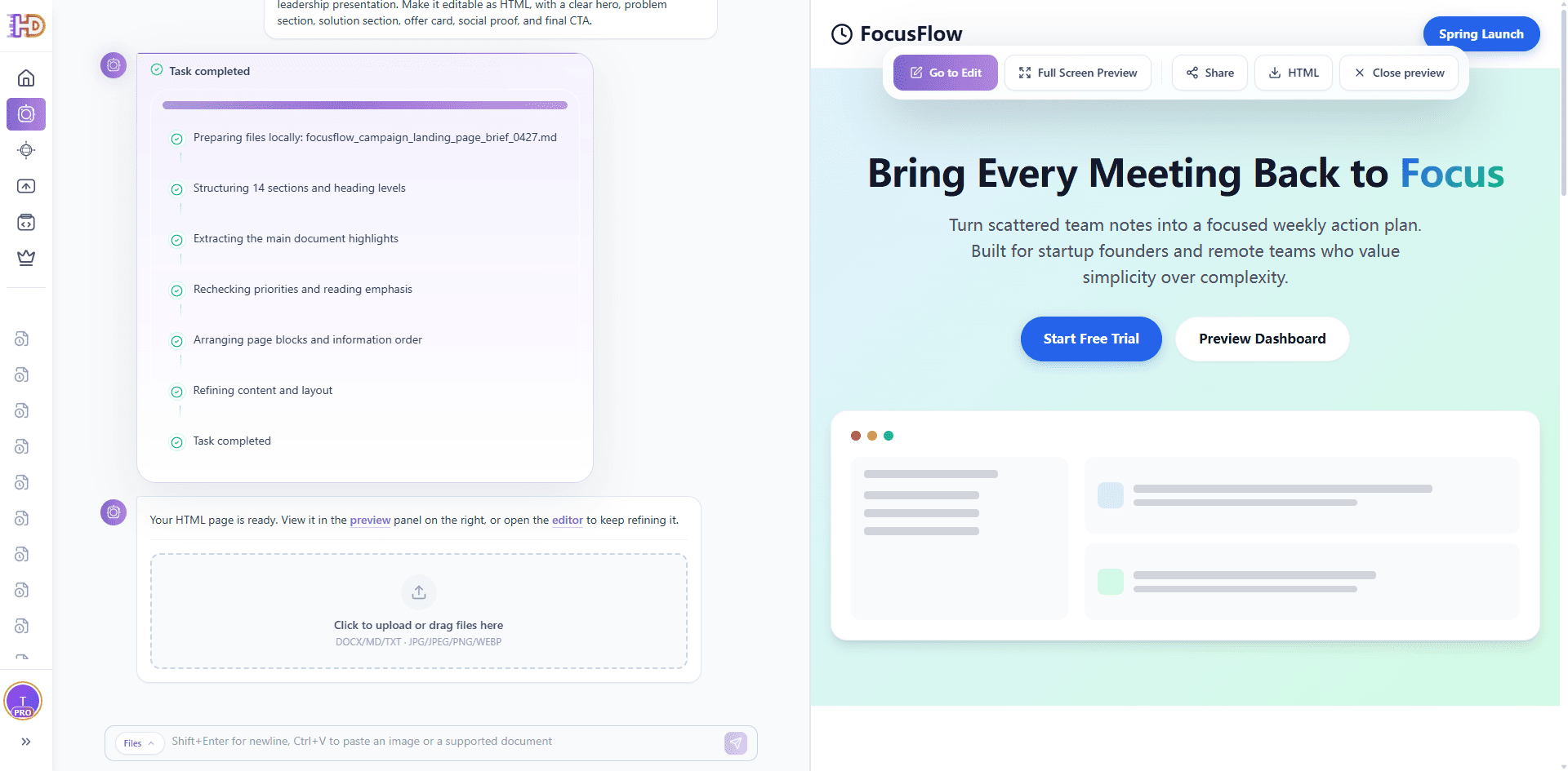 Aperçu final de la landing page FocusFlow générée depuis le brief avec options pour éditer, plein écran, partager ou télécharger le HTML