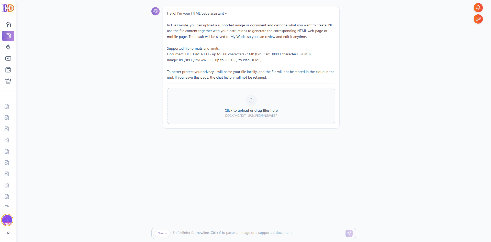 Écran d’accueil du mode fichier de HtmlDrag Générateur IA avec formats pris en charge et zone d’import pour images et documents