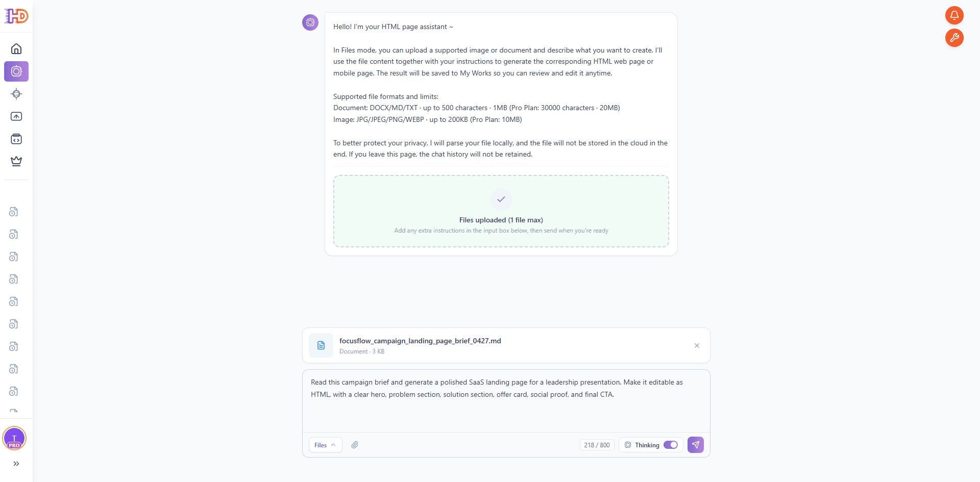 Brief de campagne en Markdown importé dans le mode fichier de Générateur IA avec prompt et Thinking activé avant la génération