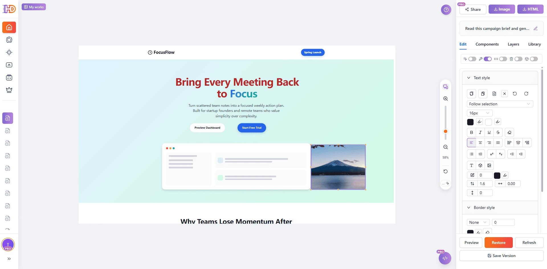 Nouvelle image insérée dans la landing page FocusFlow générée afin d’affiner manuellement la mise en page visuelle après la génération