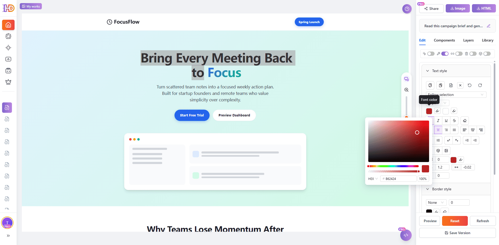 Landing page FocusFlow générée ouverte dans l’éditeur HtmlDrag avec le titre sélectionné et les contrôles de style du texte visibles