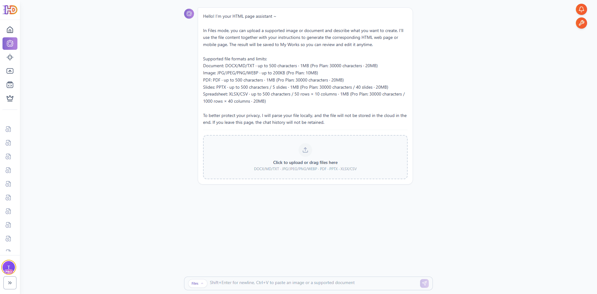 HtmlDrag AI Creator File Mode page showing the upload area and supported file formats including PPTX presentations