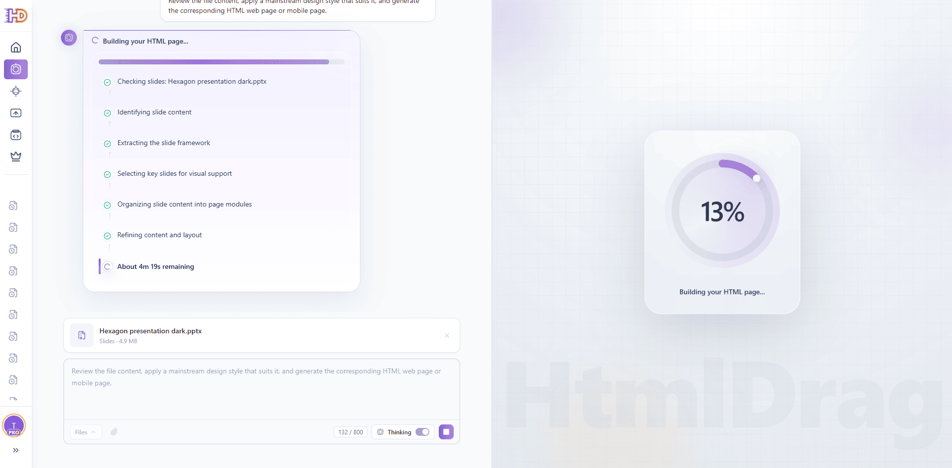 AI Creator building an HTML landing page from a PPTX presentation with a visible generation progress indicator