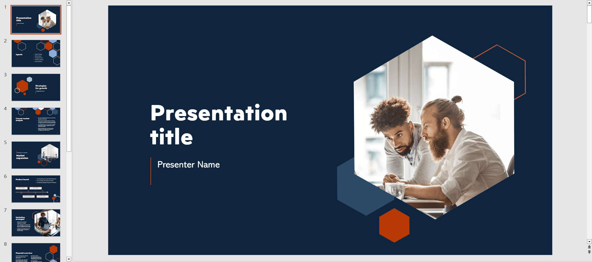 Original dark hexagon PPTX presentation shown in PowerPoint before converting the deck into an editable HTML landing page