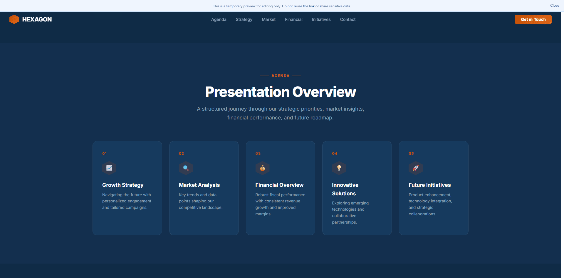 Full-screen preview of an HTML landing page generated from a PPTX presentation with agenda cards and business sections