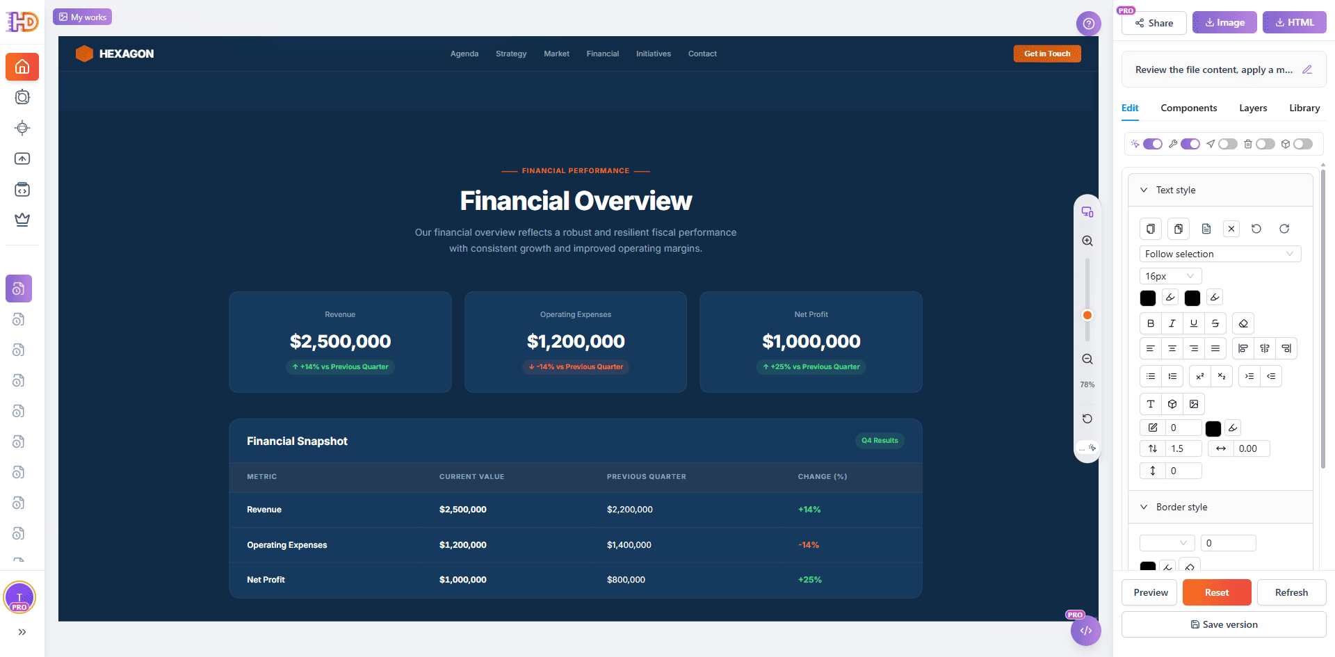 Generated PPTX-to-HTML page opened in the HtmlDrag visual editor for drag-and-drop refinement and final editing