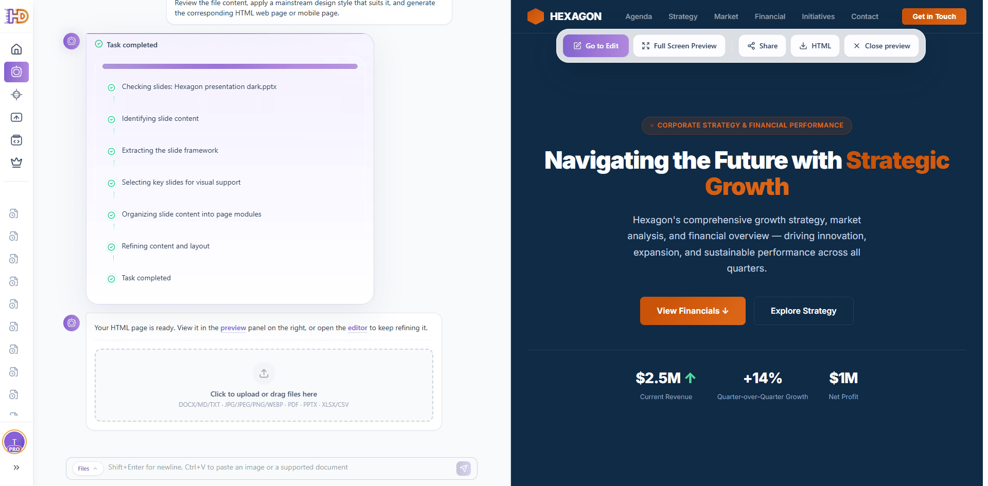 Generated HTML landing page preview created from a dark Hexagon PPTX presentation in AI Creator