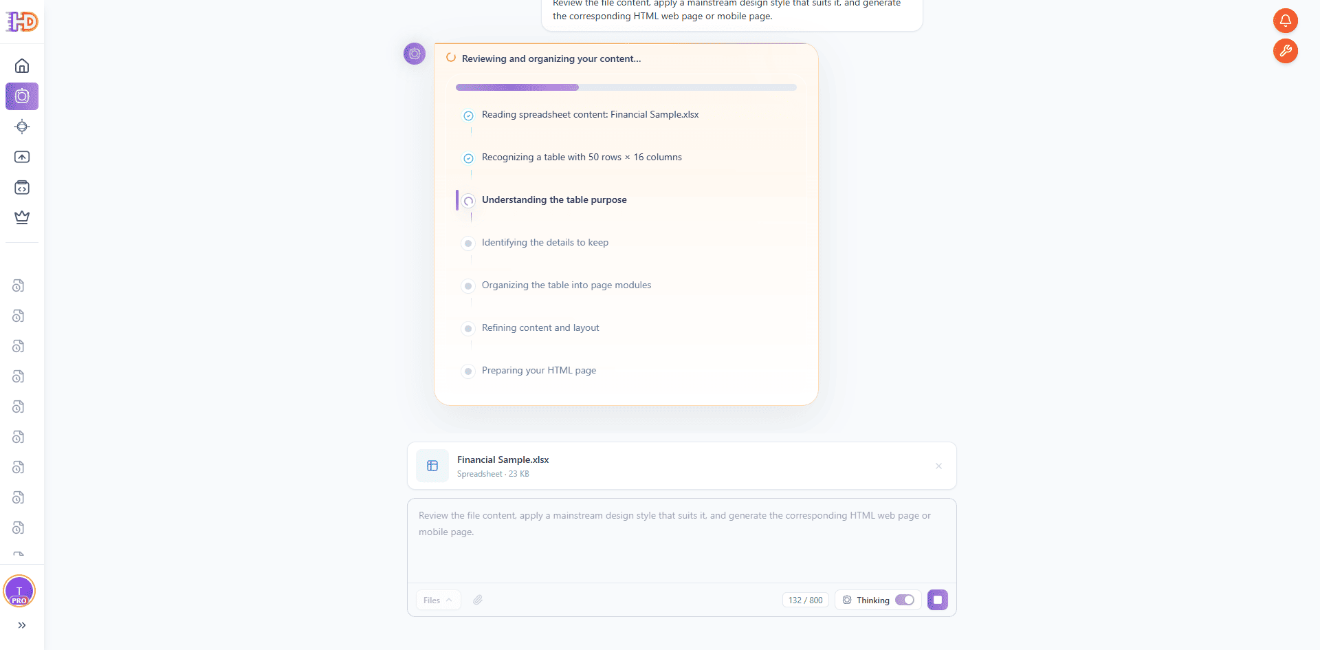 AI Creator reasoning panel reading the Financial Sample spreadsheet content, recognizing a 50 rows by 16 columns table, understanding the table purpose, and identifying the details to keep before generating the HTML data landing page