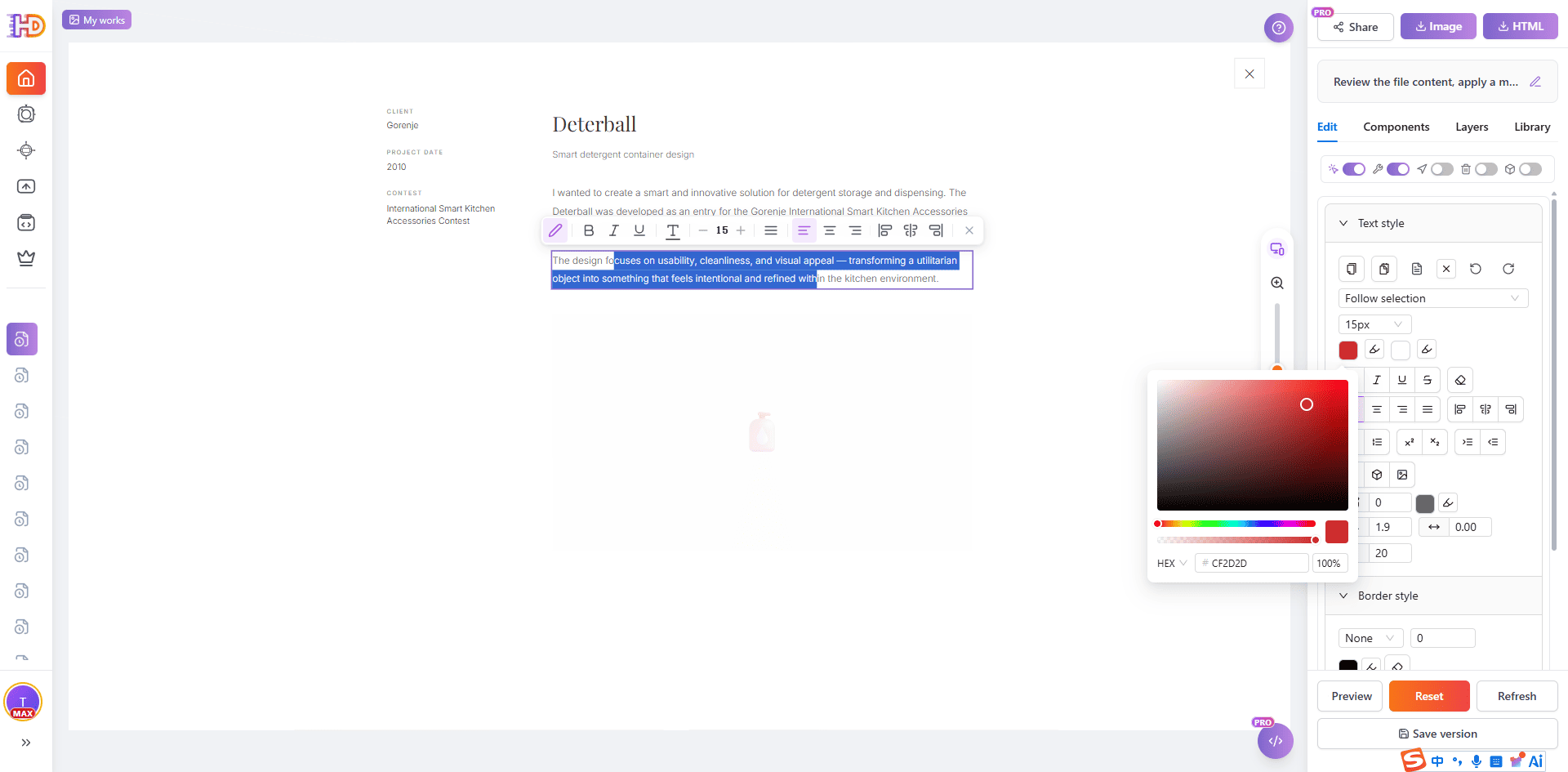 HtmlDrag visual editor color and text controls applied to generated portfolio website copy, showing how the AI-generated HTML can be refined before saving or exporting