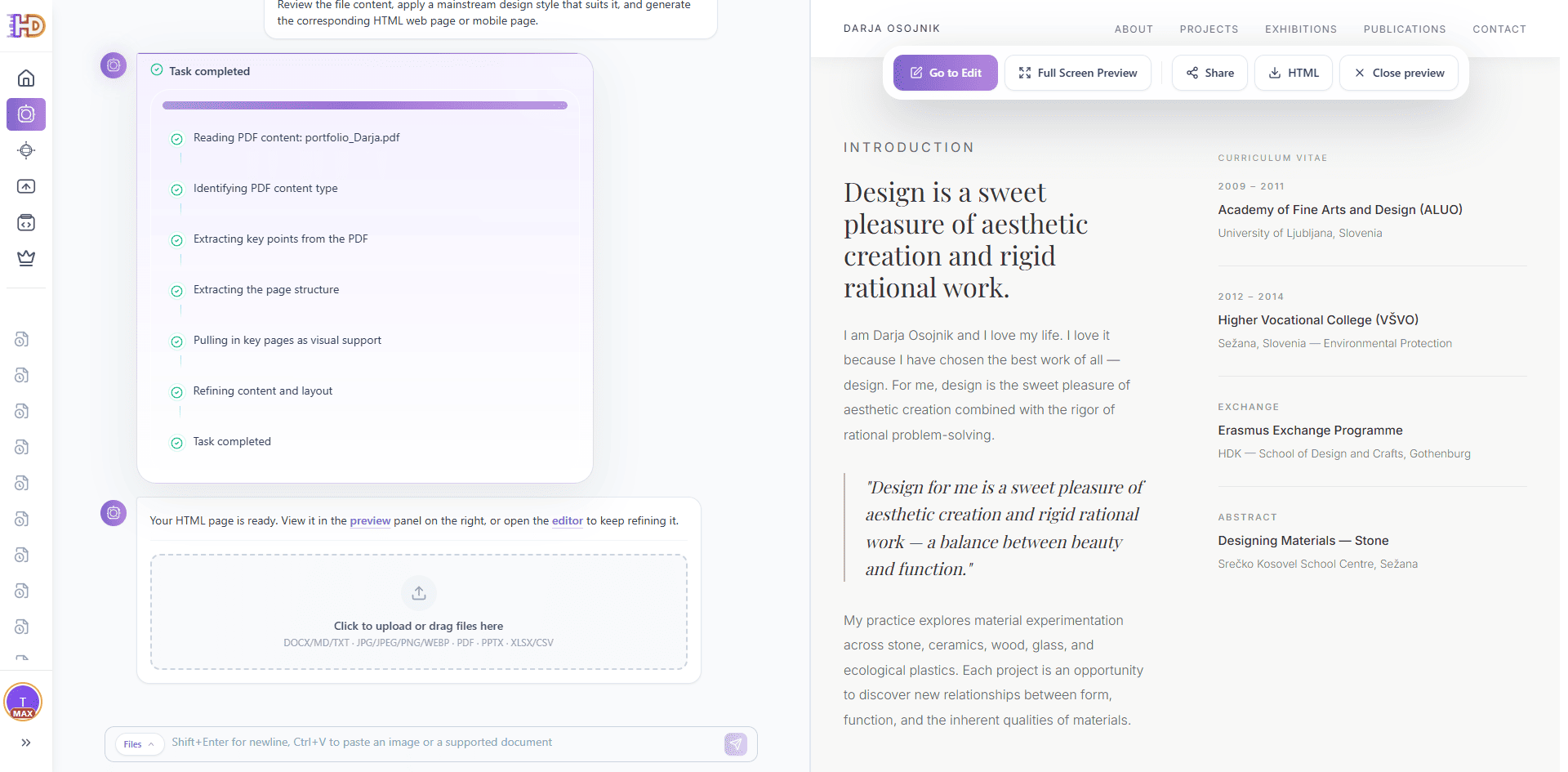 Generated HTML personal website preview created from the portfolio PDF, with navigation, introduction, curriculum details, project content, and editor actions