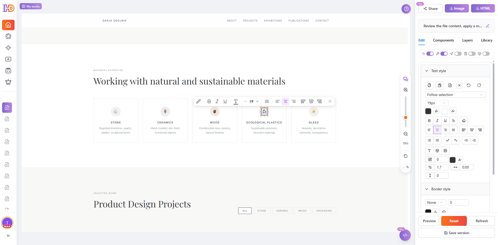 Generated portfolio website opened in the HtmlDrag visual editor, with a content block selected for text styling, section adjustment, and final export