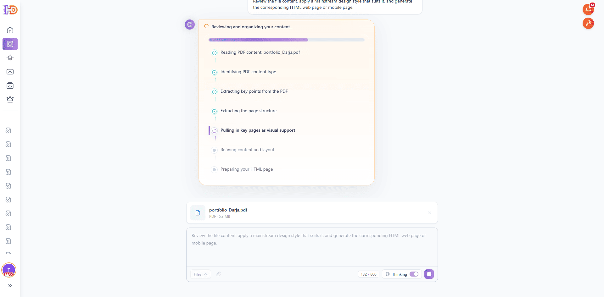 AI Creator reasoning panel reviewing the portfolio PDF, reading content, identifying document type, extracting key points, and preparing the page structure