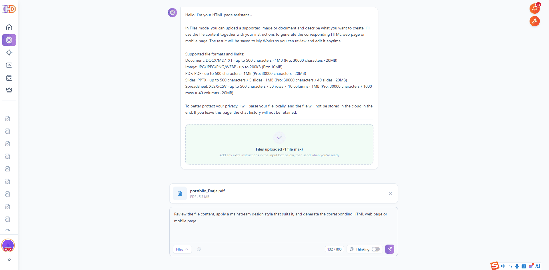 Portfolio PDF uploaded and parsed locally in AI Creator file mode, with a short instruction asking AI to generate a suitable editable HTML web page