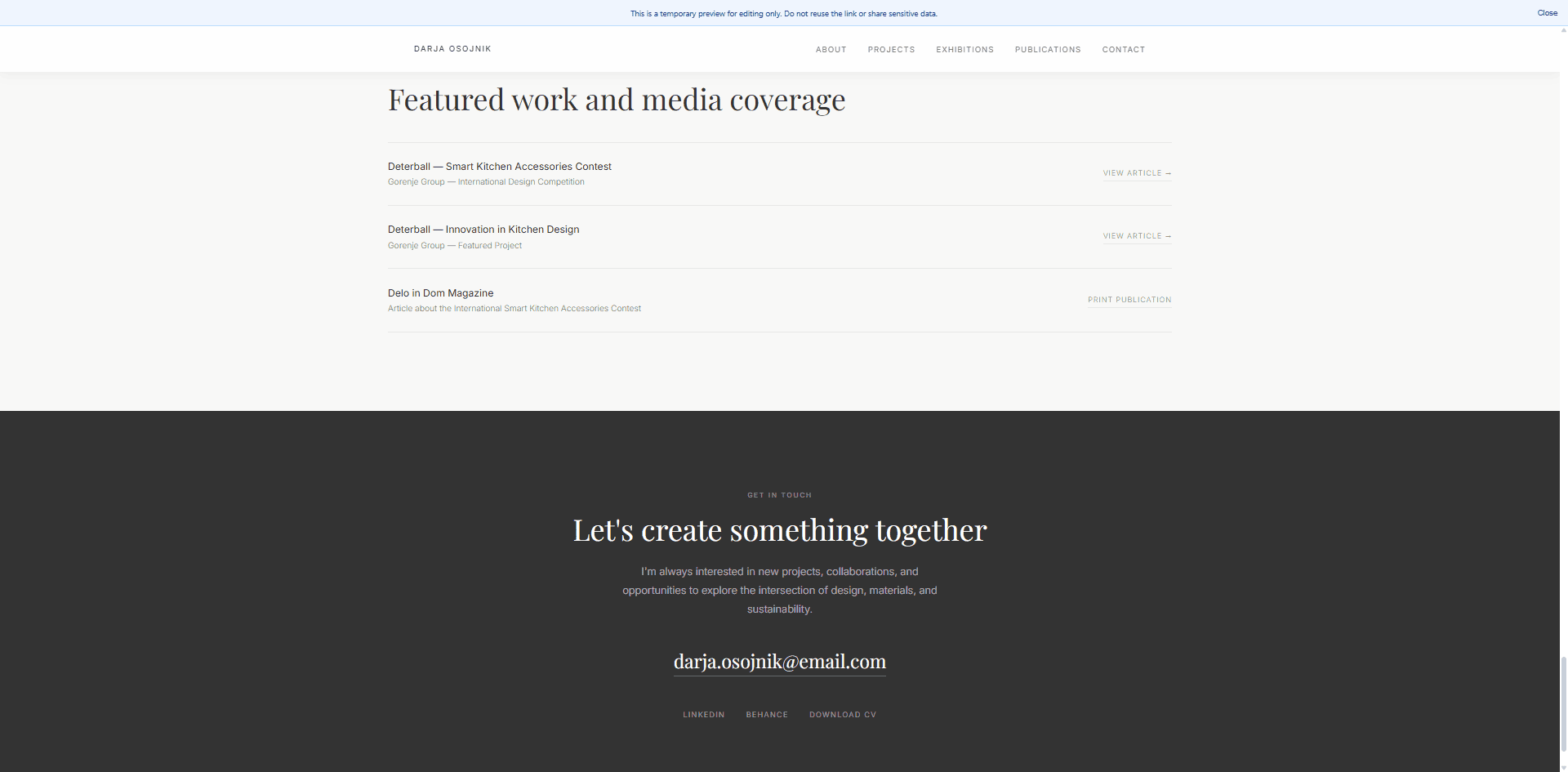 Full-screen preview of the generated PDF-to-HTML portfolio website, showing publication links, contact section, and a standalone web page layout