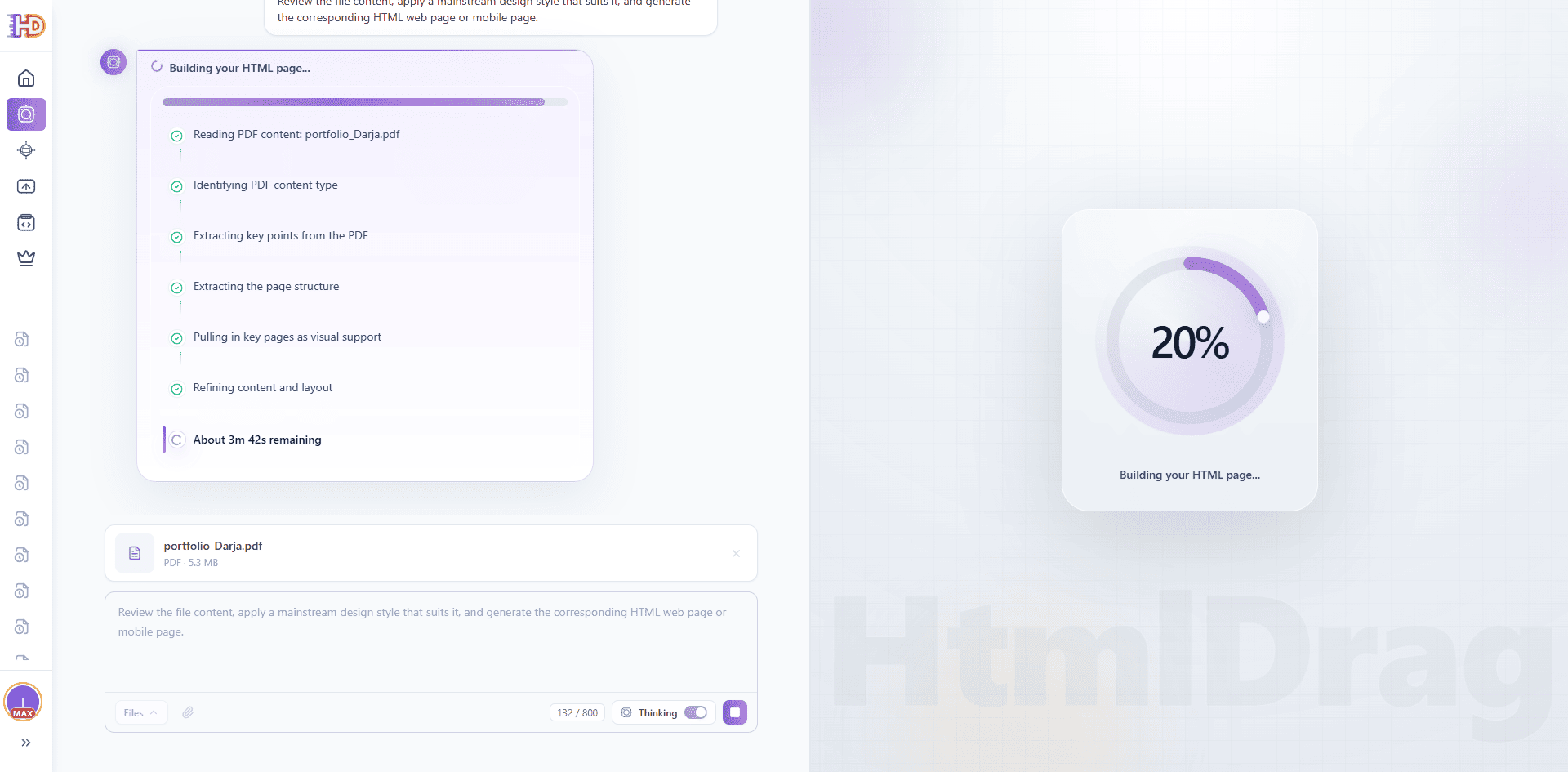 AI Creator building the HTML page from the portfolio PDF, showing document extraction steps beside the generation progress indicator
