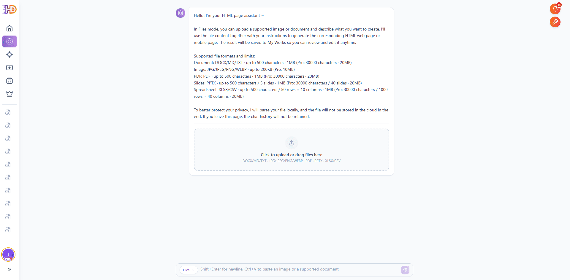 HtmlDrag KI-Erstellung im Dateimodus mit lokalem Uploadbereich und unterstützten Formaten wie Word, PDF, PPT, Excel, Markdown und Bildern