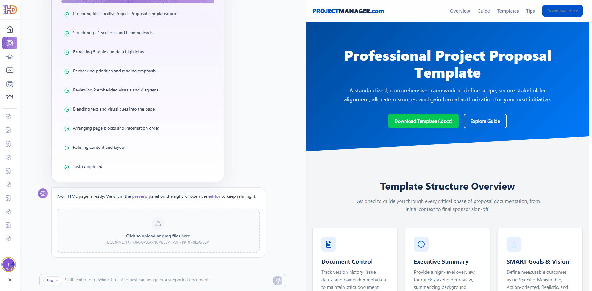 Vorschau einer HTML-Landingpage, die aus einem Word-Projektangebot generiert wurde, mit blauem Hero-Bereich, Strukturkarten, Navigation und Download-CTA