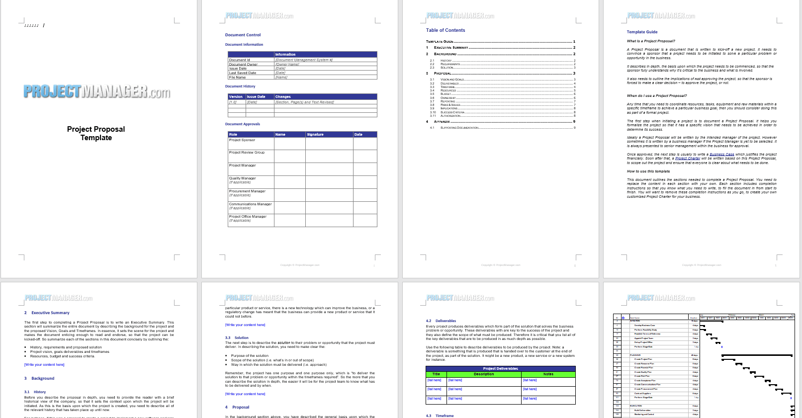 Ein englisches Word-Projektangebot mit Deckblatt, Dokumentkontrolle, Inhaltsverzeichnis, Executive Summary, Deliverables, Budgetressourcen und Zeitplan, bevor daraus eine bearbeitbare HTML-Landingpage entsteht