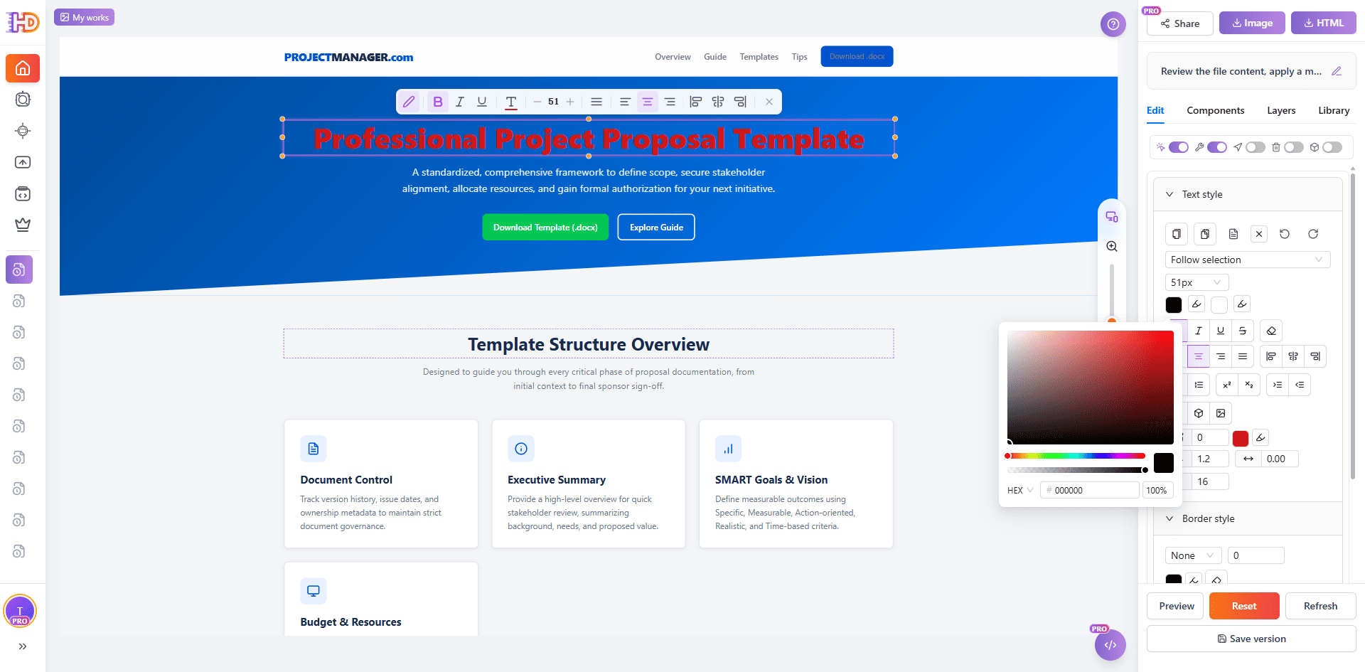 Eine aus einem Word-Projektangebot generierte Landingpage ist im visuellen HtmlDrag Editor geöffnet, mit ausgewählter Hero-Überschrift für Farb-, Schriftgrößen- und Layoutänderungen