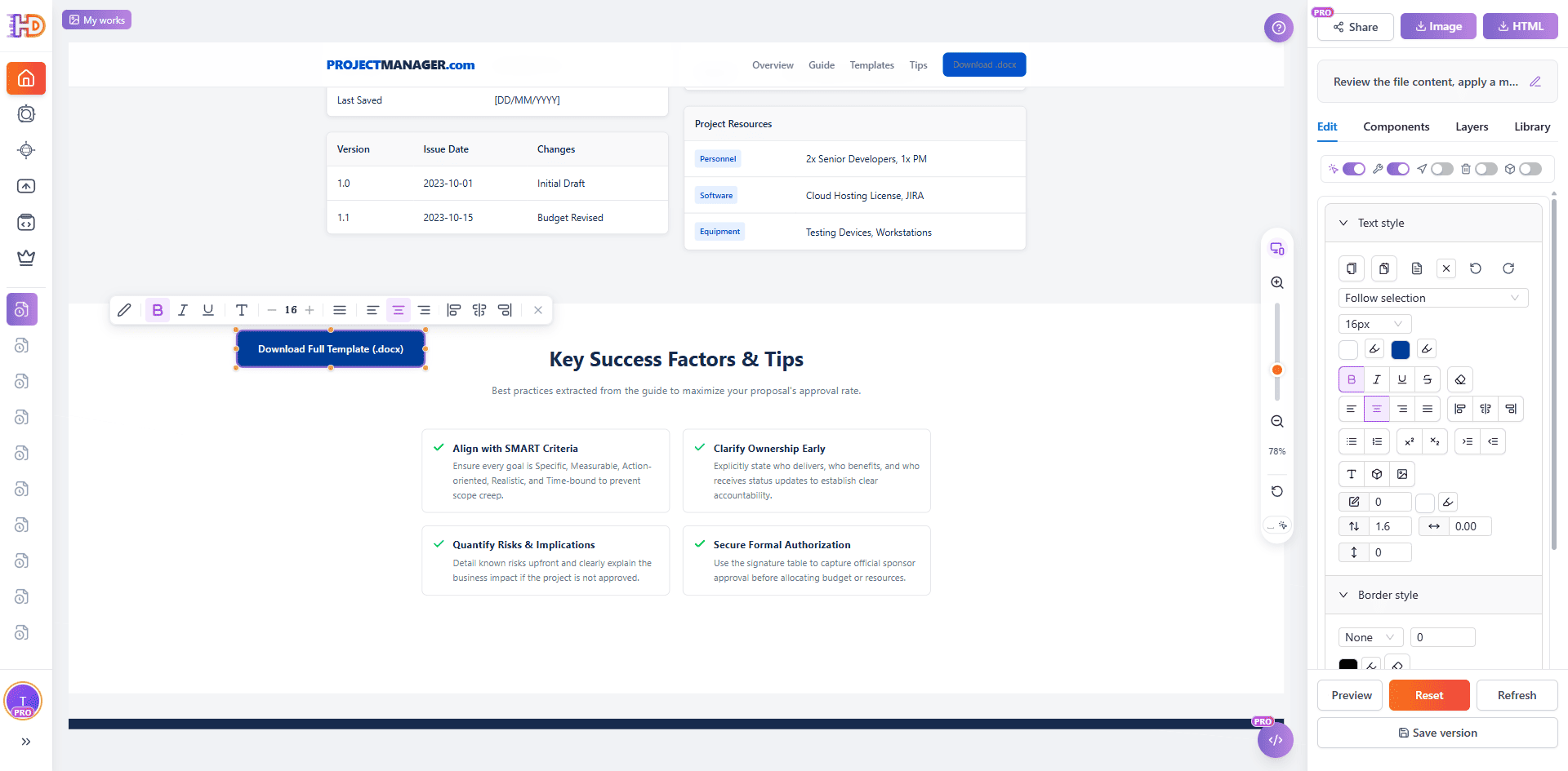 Im HtmlDrag Editor ist der Download-Button ausgewählt und wird gestylt, während Teilen, Bilddownload, HTML-Export und Version speichern verfügbar bleiben
