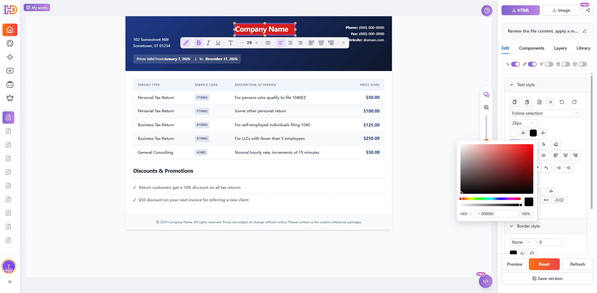Selecting the purchase button, configuring gradient styles, border radii, and saving the design version inside the editor panel