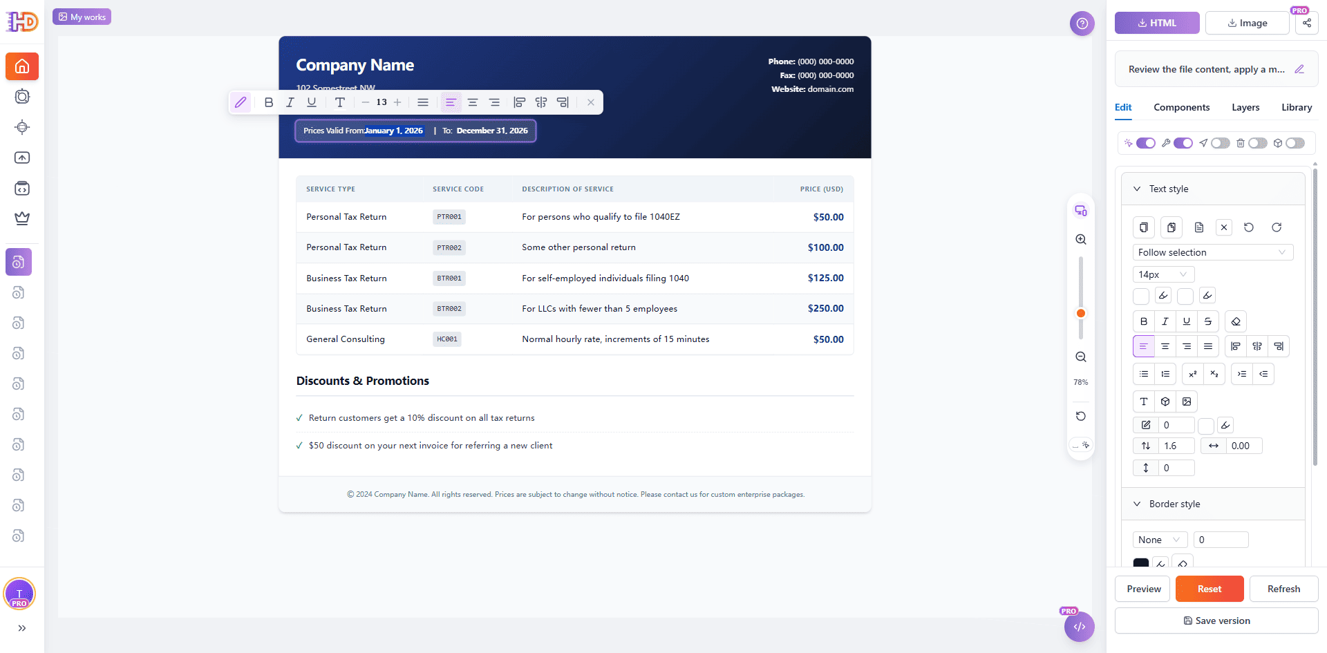 The generated pricing page loaded into the HtmlDrag editor, double-clicking pricing text and tier names to refine copy easily